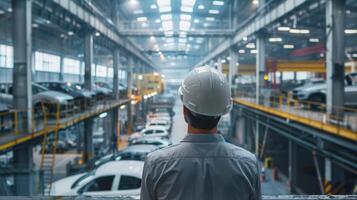 A man in a hard hat looking out over a car factory. photo