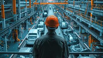 A worker in a hard hat looking out over an automobile assembly line. photo