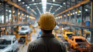 man in hardhat looking at car factory photo