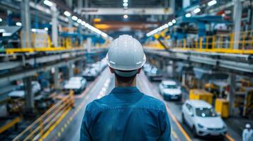 A man in a hard hat looking out over an automobile factory. photo