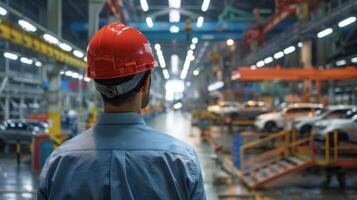 A factory worker wearing a red hard hat is looking at the production line. photo