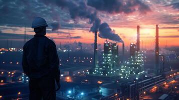 An engineer in a hard hat looking out over an oil refinery at dusk. photo