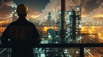 An engineer in a hard hat looking out over an oil refinery at night photo