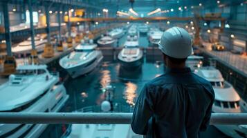 A worker wearing a hard hat looks out over a large shipyard filled with yachts and sailboats. photo