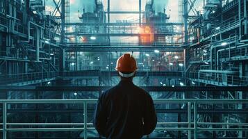 An engineer wearing a hard hat is standing on a walkway in a large industrial facility. photo