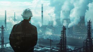 An industrial engineer wearing a hard hat is looking at an industrial plant photo