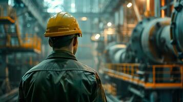 A man in a hard hat is looking at an industrial scene. photo