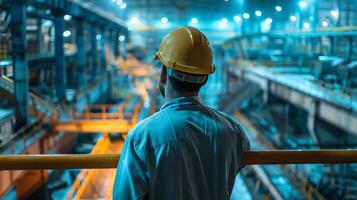 A man in a hard hat looking out over a factory floor. photo