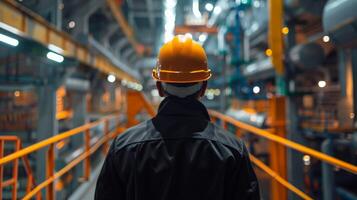 An industrial worker wearing a hard hat is looking at the equipment. photo
