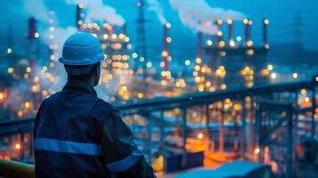 An engineer wearing a hard hat is looking at an oil refinery at night. photo