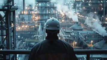 An engineer looking out over an industrial plant photo