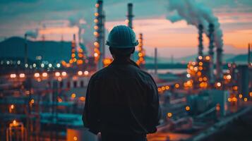 An engineer wearing a hard hat is standing on a platform in front of an oil refinery. photo