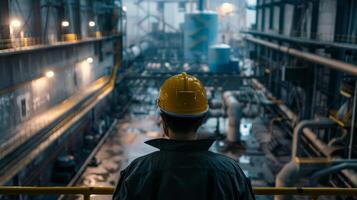 A man in a hard hat looking out over an industrial plant photo