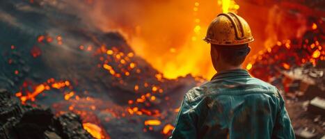A steel worker looks at the molten metal being poured into a mold. photo