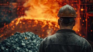 A steelworker looks at the sparks from a blast furnace. photo