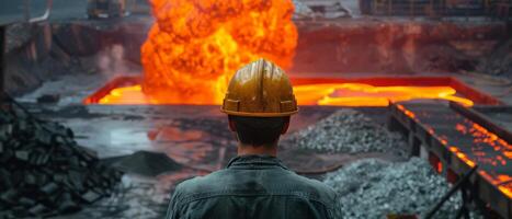 A man in a hard hat is standing in front of a large explosion. photo