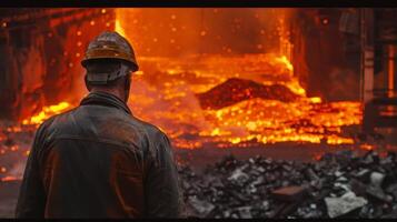 Steelworker in front of a blast furnace photo