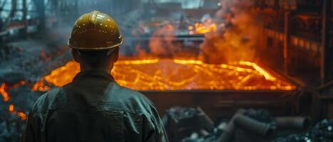 Lonely worker in hard hat looking at the sparks from the steel being forged photo