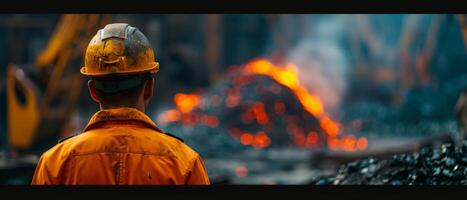 A steel worker is watching a molten metal being poured. photo