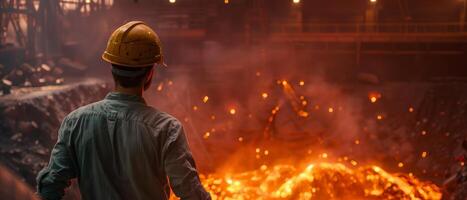 Steel mill worker looking at the molten metal photo
