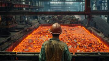 A steelworker looks at a molten metal. photo