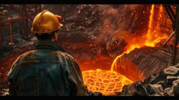 A steel worker is watching the molten metal being poured into a mold. photo