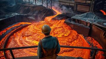 A steelworker looks out over a river of molten metal. photo