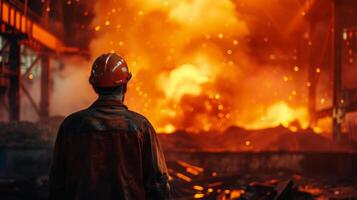 A steelworker looks at the sparks from the molten metal. photo