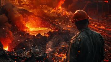 A steelworker looks at a molten metal spill photo