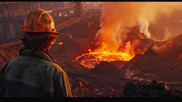 A steelworker looks at a blast furnace. photo