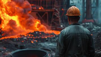 A steelworker looks at a furnace. photo
