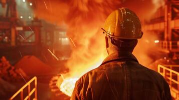 Steel mill worker in hard hat looking at the sparks from the molten metal being poured. photo