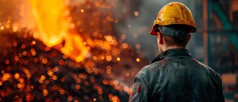 A steelworker looks at the sparks from the molten metal. photo
