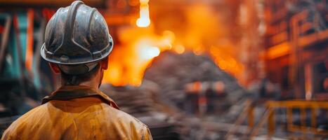 A steelworker looks at the molten metal being poured into a mold. photo