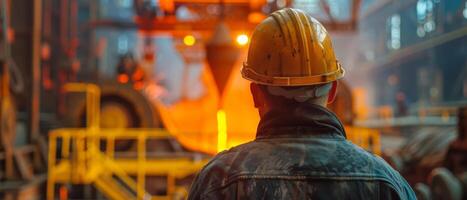 A steelworker looks at a furnace. photo