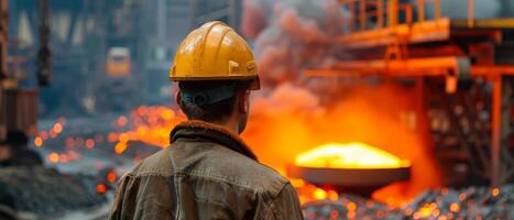 A steelworker wearing a hard hat looks at a furnace. photo