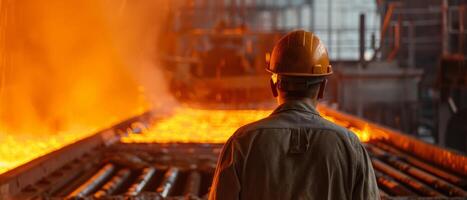 A steelworker looks at a blast furnace photo