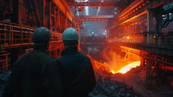 Two steelworkers watch the molten metal being poured into a mold. photo