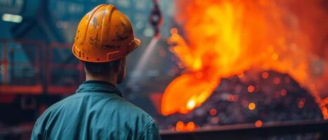 A steelworker looks at the molten metal being poured into a mold. photo