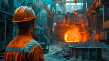 A steelworker looks at the molten metal in a furnace. photo
