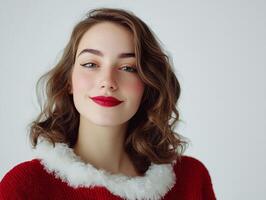A woman in a red sweater and red lipstick photo