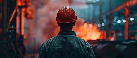 A worker in a hard hat is looking at a large furnace. photo