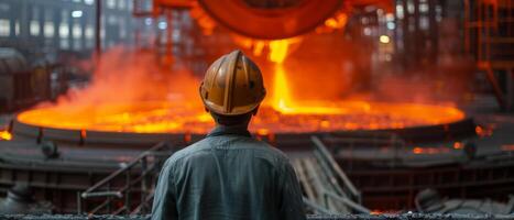 Steel mill worker looking at the molten metal being poured into a mold photo