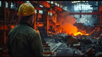 A steelworker looks out over the factory floor. photo