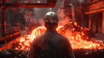 A steelworker looks out over a molten metalLu . photo