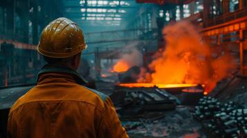 Steel mill worker looking at the molten metal being poured into a mold. photo