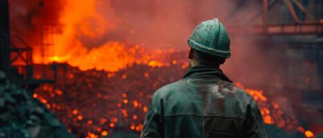 Industrial worker standing in front of a blast furnace photo