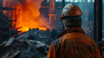 A steelworker looks at the flames in the furnace. photo