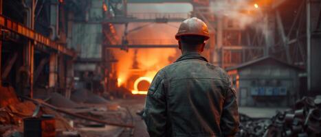 Steel mill worker looking at the molten metal photo