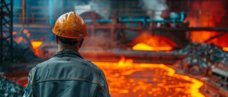 A steelworker looks at a furnace full of molten metal. photo